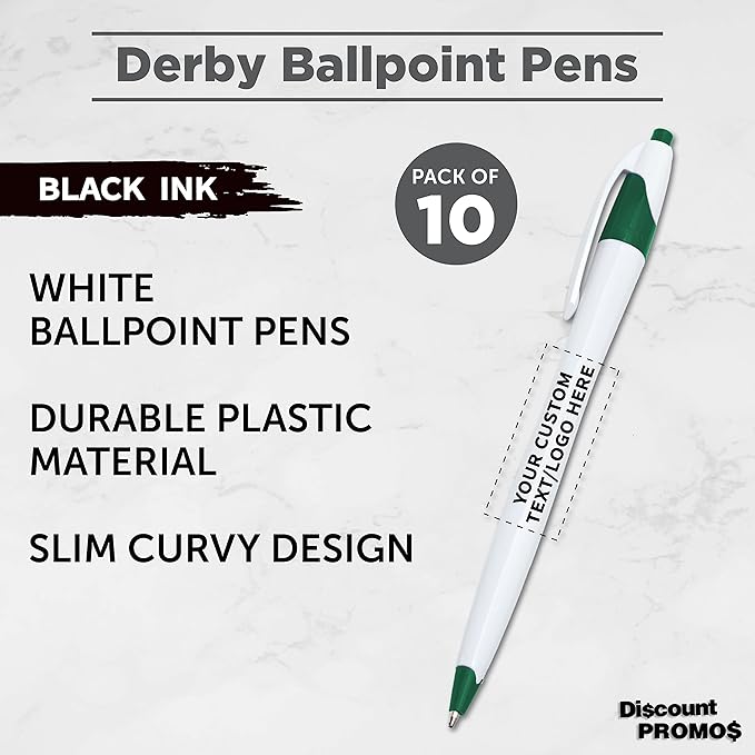 DISCOUNT PROMOS Custom Slim Curvy Ballpoint Pens Set of 10, Personalized Bulk Pack - Black Ink, Retractable, Great for Office, School, Tradeshows - Green