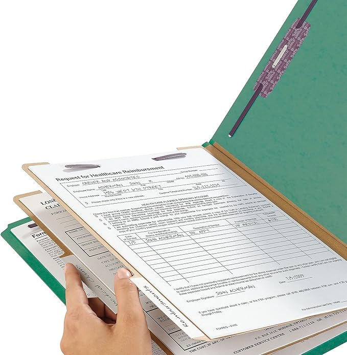 Smead 100% Recycled End Tab Pressboard Classification File Folder with SafeSHIELD Fasteners, 2 Dividers, 2" Expansion, Letter Size, Green, 10 per Box (26785)