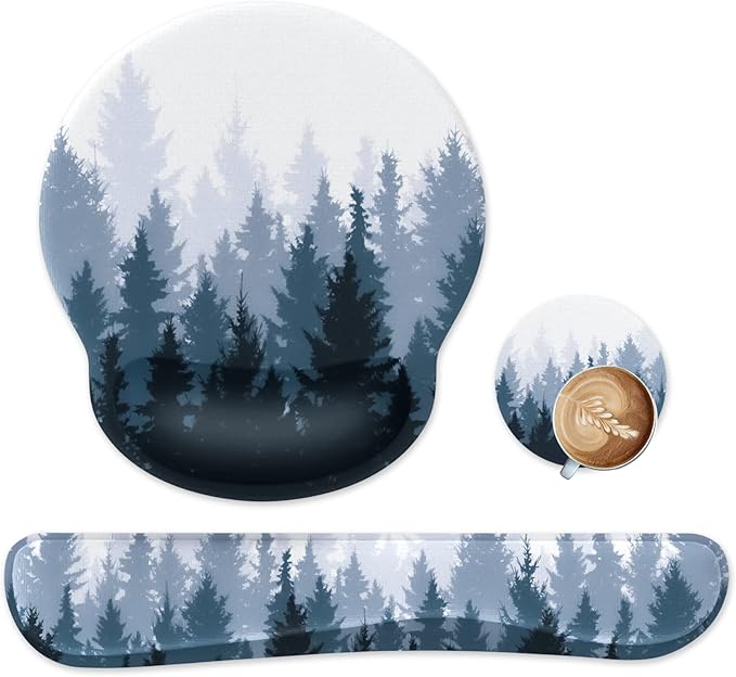 iLeadon Mouse Pad Wrist Support Keyboard Wrist Rest Set, Ergonomic Mouse Pad with Non-Slip Base for Computer Home Office + Coasters, Easy Typing & Pain Relief Mouse Mat, Forest