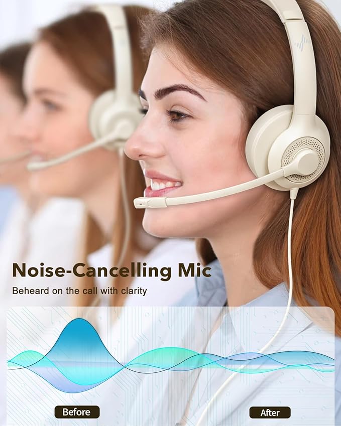 JIAMQISHI USB Headset with Microphone for PC, On-Ear Computer Laptop Headphones with Noise Cancelling Mic in-line Control for Home Office Online Class Zoom (USB+3.5mm, Apricot)