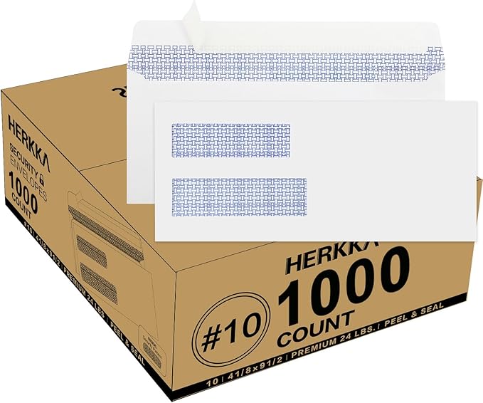1000 Pack #10 Double Window Security Self-Seal Envelopes - Suitable Size for Multiple Business Statements, Quickbooks Invoices, and Return Envelopes, Size 4-1/8 x 9-1/2 - White - 24 LB