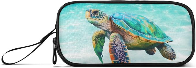 Sea Turtle Teal Pencil Case Box Boys Girls Large Pencil Pouch with Zipper Compartments Big Capacity Stationery Pen Bag Organizer for Kids Teens Adults School Office