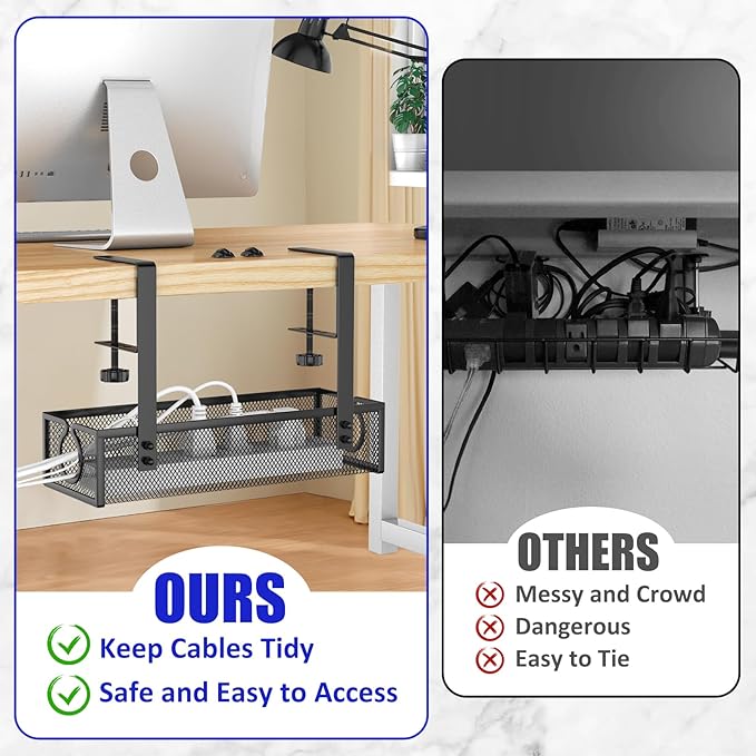 REFLYING Under Desk Cable Management Tray, Metal Long Arms (3.9in), No Drill Mesh Cable Tray, Wire Organizer, 1 Pack, Black