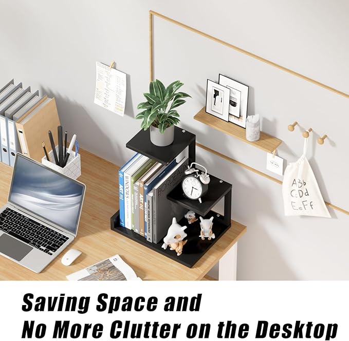 Gannyfer Desk Shelf Organizer - Wood Desktop Shelf, Freestanding Desk Hutch Office Decor, 3 Tier Storage Display Rack, Small Bookshelf with Metal Frame for Books/Plants/Toys (Black)