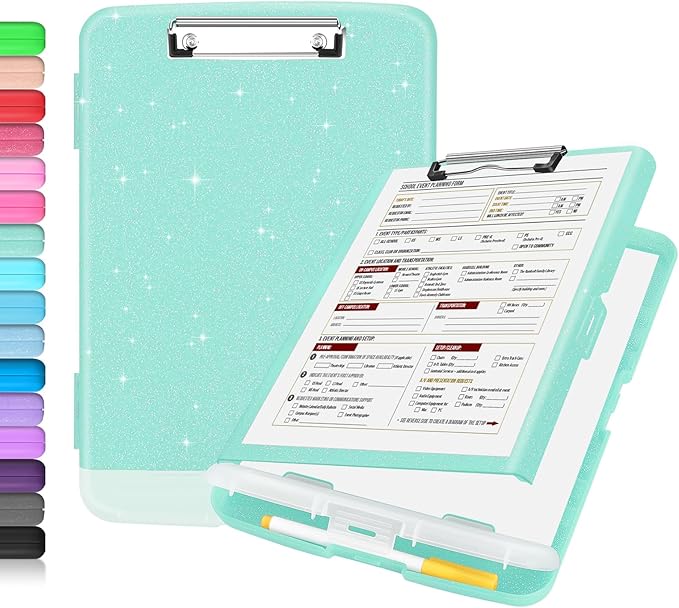 Sooez Glitter Clipboard with Storage, High Capacity Clip Boards 8.5x11 with Pen Holder, Cute Clipboards with Low Profile Clip, Sparkle Plastic Organizer Case Box for Women & Kids, Side Opening