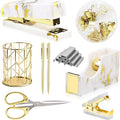 Gold Marble Desk Accessories, Office Supplies Set Stapler Set Staple Remover, Tape Holder, Pen Holder, 2 Ballpoint Pen, Scissor, Binder Clips, Paper Clips and 1000pcs Staples.
