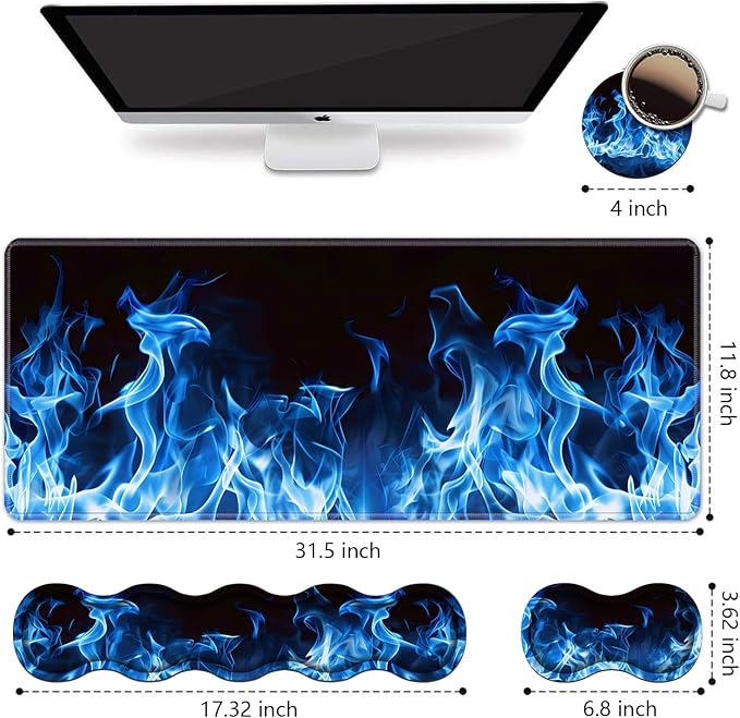 Ergonomic Keyboard Wrist Rest and Mouse Pad Wrist Rest Set, Large XXL Gaming Mousepad 31.5"x 11.8", Memory Foam, Easy Typing Pain Relief, Multifunctional Desk Mat for Office & Home, Blue Flame