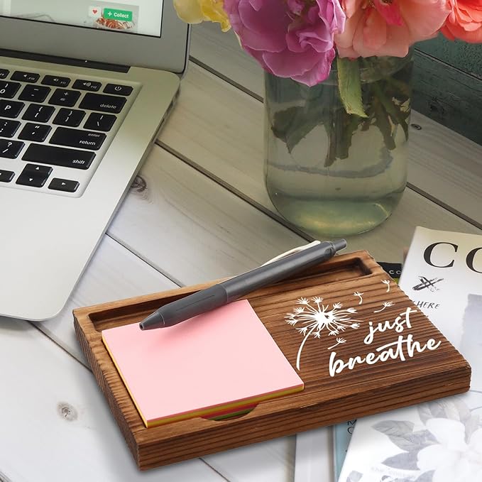 Just Breathe Sticky Note Holder, Mindfulness Desk Gift for Women, Teens, Coworkers, Relaxing Wooden Office Decor with Dandelion Design, Inspirational Self Care Note Pad Holder ZSS89