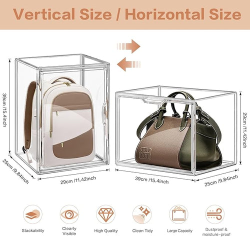3 Packs Clear Handbag Storage Organizer for Closet, Acrylic Display Case for Purse Handbag, Stackable Purse Organizer Storage Box with Magnetic Lids for Wallet Book Collectibles
