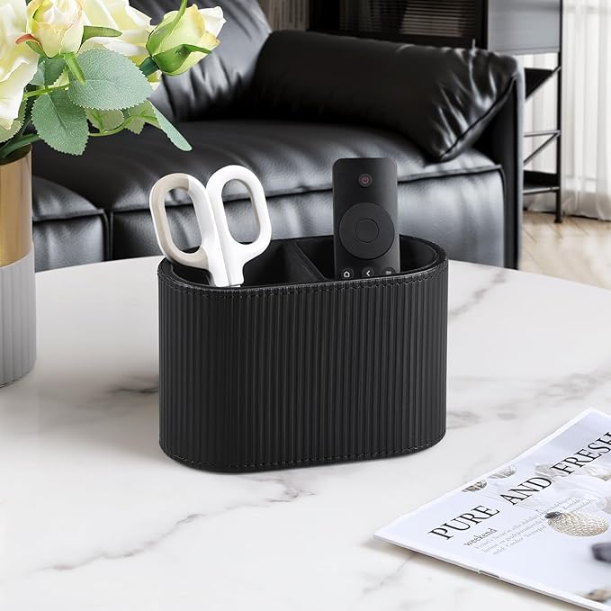 PU Leather Pen Holder for Desk, Small Remote Control Holder Pencil Cup Multifunctional Desktop Organizer Caddy for Home School Office Desk Accessories - 2 Compartments (Black Ribbed Texture)