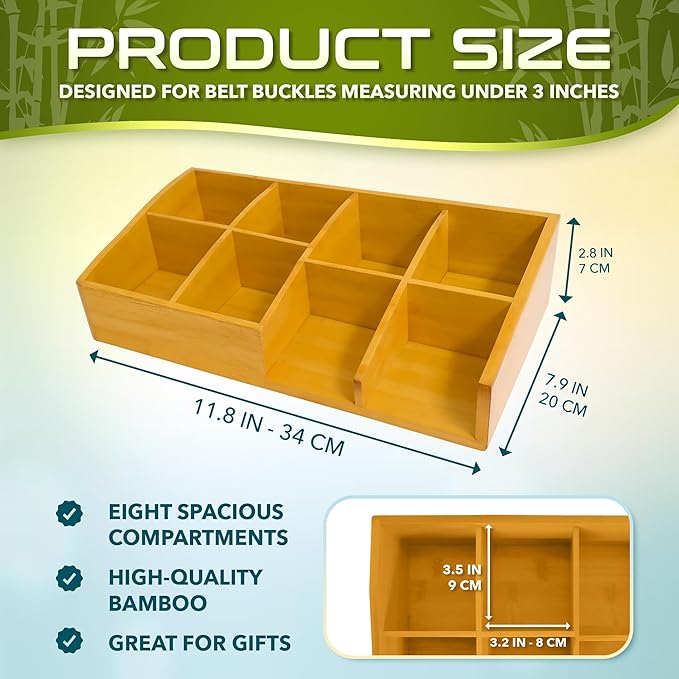 Belt Organizer for Closet and Drawer – 8 Compartments Bamboo Storage Box for Belts and Ties – Eco-Friendly Natural Bamboo