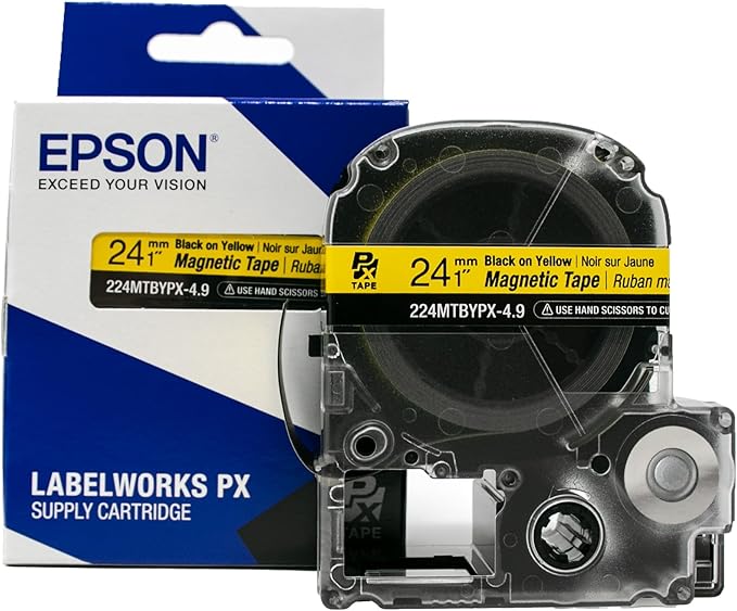 Epson LABELWORKS 224MTBYPX-4.9 Genuine Magnetic Tape Cartridge - Black on Yellow Magnet Label Maker Tape - 1" (24MM) Wide, 4.9 ft, Yellow