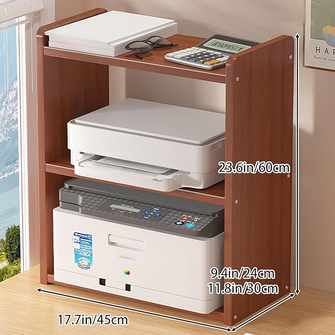 Desktop Storage Rack, Wooden Printer Stand with Compact Under Desk Shelf for Home Office Organization(Teak Color,17.7 * 11.8 * 23.6in)