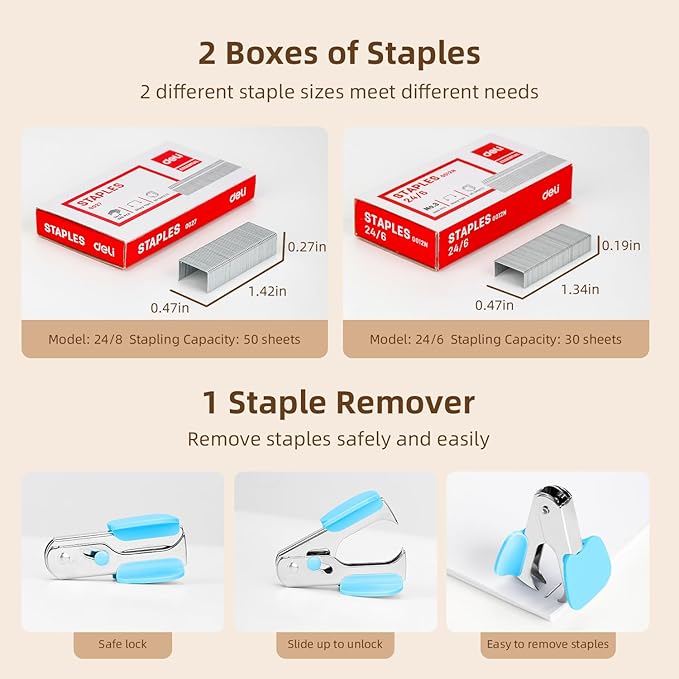 Deli Effortless Desktop Stapler, Heavy Duty Stapler, 40-50 Sheet Capacity, One Finger, No Effort, Includes 1500 Staples & Staple Remover, Sky Blue