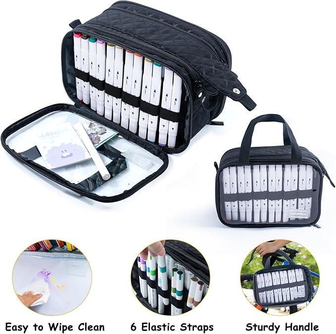 Marker Organizer Case – Holds 72-96Markers | Portable Art Marker Storage Bag with Clear View Panels & Removable Dividers | Marker Holder for Alcohol Markers, Pens, Craft Supplies(Case Only)