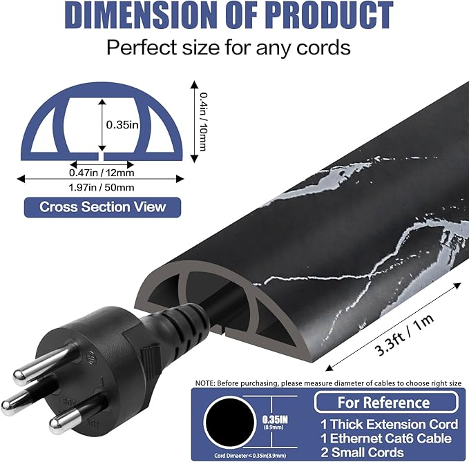 Floor Cord Cover Self Adhesive Cord Hider,3.3FT Cable Management, Extension Strip Protector for Wires, Prevent Cable Trips for Offices, Gyms, Exhibitions Cavity:0.47"(W) x 0.35"(H) Black Stone
