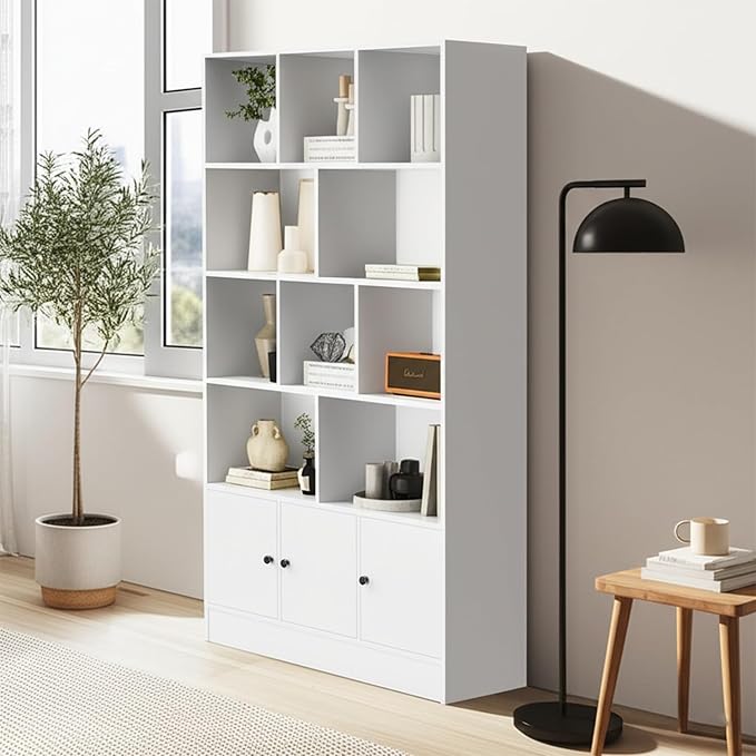 Anystyle White 5-Tier Bookshelf, 13-Cube Storage Cabinet with 3 Doors, Freestanding Bookcase for Living Room & Home Office, 35.4” W x 11.8” D x 65” H