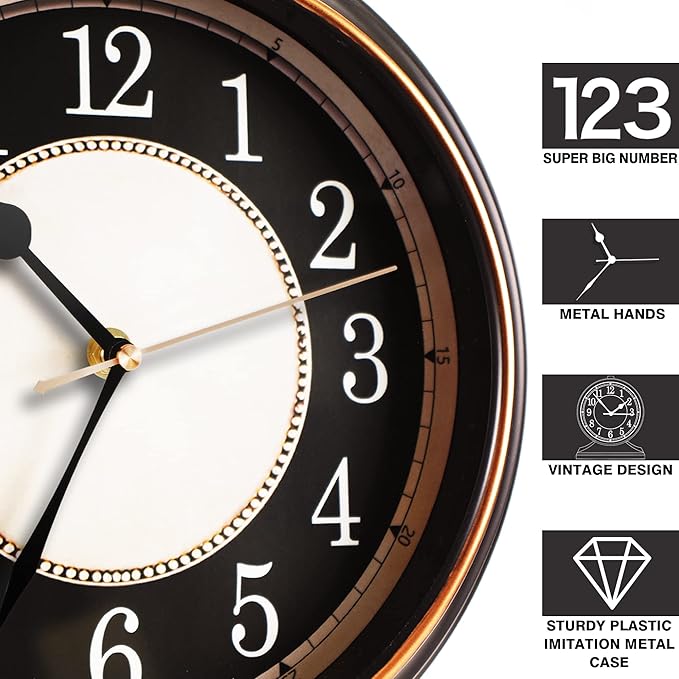 AYRELY® Vintage Desk Clock Silent-Non-Ticking 10-inch dial Table Clock,Retro Mantel Clocks and Easy to Read for Living Room, Bedroom, Shelf Decoration, Fireplace, Farmhouse Decor (Black)