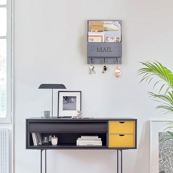 DLQuarts Mail Organizer with Key Holder for Wall Decorative Mail Sorter Wall Mounted, Wooden Mail Holder with 3 Hooks, Gray