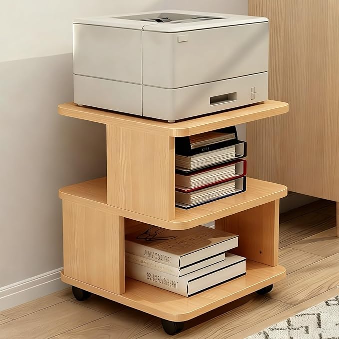 Under Desk Drawer Wooden 2 Tier Printer Shelf with Storage，Mobile Cart Wooden File Cabinets with Open Storage Shelf(Applewood,23.6x23.6x19.7 in)