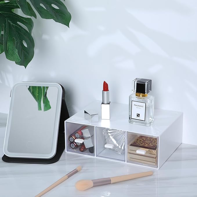 Desktop Drawers, Desk Organizer with 3 Drawers, Stackable Plastic Storage Box for Home Collection, Cosmetics, Office Supplies (1 Tall Layer, White)