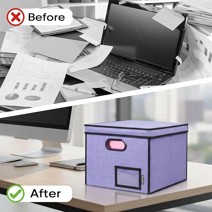 BALEINE File Organizer Box with Lid, Collapsible File Folder Organizer with Plastic Slide, Hanging File Folder Box for Office Document Storage (Tab Friendly, 1 Pack, Purple)