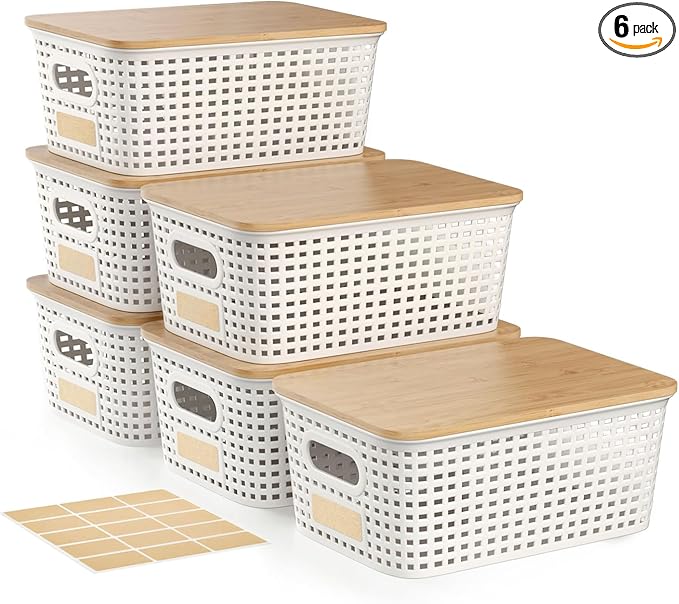 Plastic Storage Bins with Bamboo Lid - Pantry Storage Baskets with Lid - Stackable Container with Lable for Organizing: Small Storage Box for Shelves Office Cabinet Drawer Closet 9x7x4 In - White 6Pcs