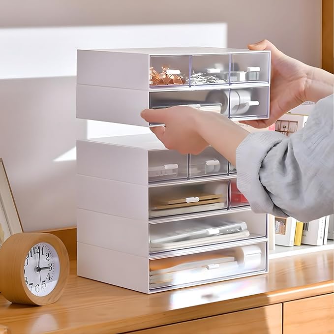 Desktop Organiser with 5 Drawers, Stackable Plastic Storage Box on Desk, Small Drawers Storage Unit for Home Collection, Cosmetics, Office Supplies (2 Flat Layers, White)