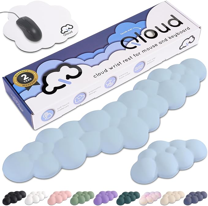 Qloud Cloud Wrist Rest Keyboard Wrist Rest for Computer Keyboard Pad, Cloud Keyboard Wrist Rest, Wrist Pad for Keyboard, Memory Foam, Non Slip Base, Comes with Mouse Pad - Light Blue