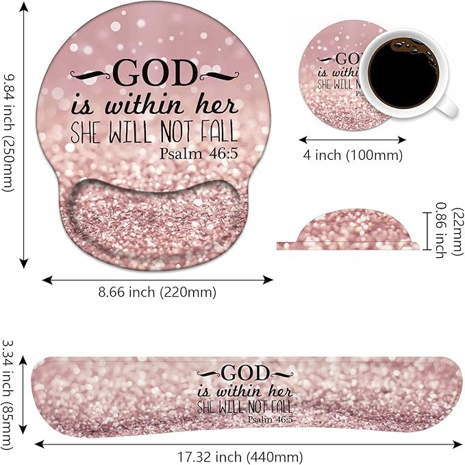 Keyboard Wrist Rest and Mouse Pad Wrist Support Set with Coasters, Non-Slip PU Base Ergonomic Gaming Mousepad for Home Office Working Studying Easy Typing & Pain Relief - Bible Verses Psalm 46:5