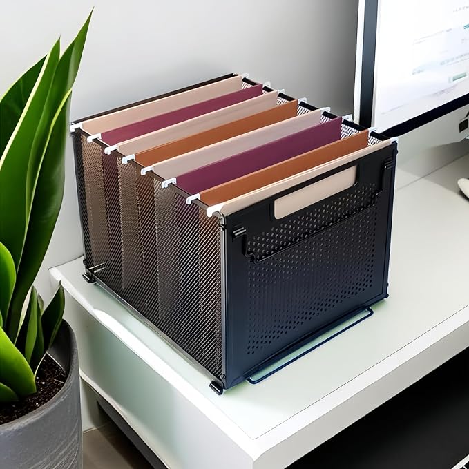 SETTFRFE Letter Size Hanging File Folder Organizer,Metal Filing Crate,File Basket for Hanging File,Black (Perforated metal plate)
