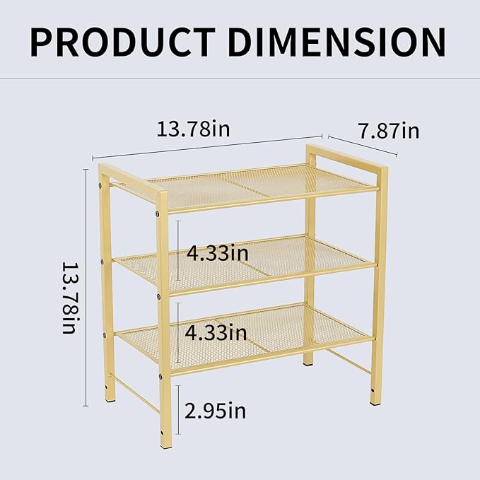Desktop Shelf Organizer, 3-Tier Office Storage Rack, Adjustable Metal Bookshelf for Top of Desk, Desk Organizer for Office, Home, Dorm and Small Spaces (Gold)