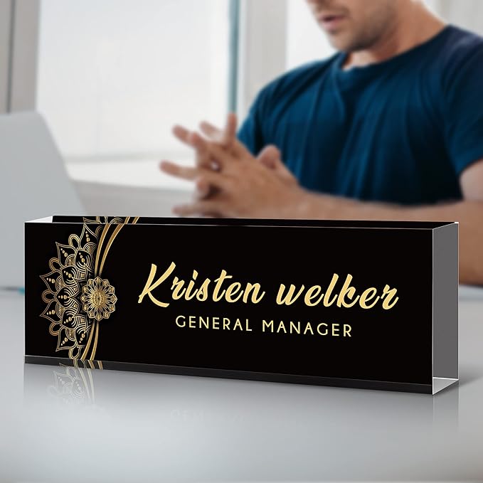 SalaGraphics Desk Name Plate Personalized, Custom for Desk, Office Decor Women Men, Acrylic Accessories, Gifts Coworkers Boss Teacher, Employee Appreciation (Black Flower), 8''(L)x2.5(W)