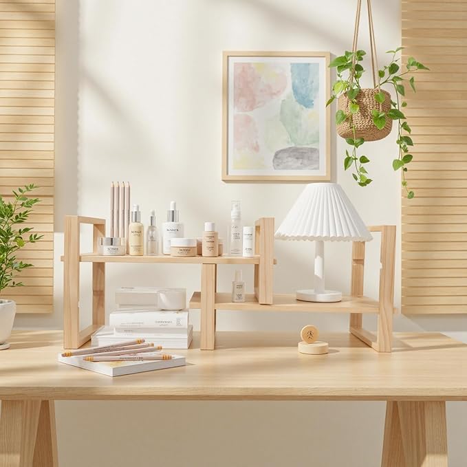 Desk Shelves Desktop Organizer Shelf - No Assembly Needed Holds 130lbs for Desk Organizers and Accessories Corner Bookshelf Table Top Shelving in Office, Books, Bathroom Storage-Pine Nature Wood Color