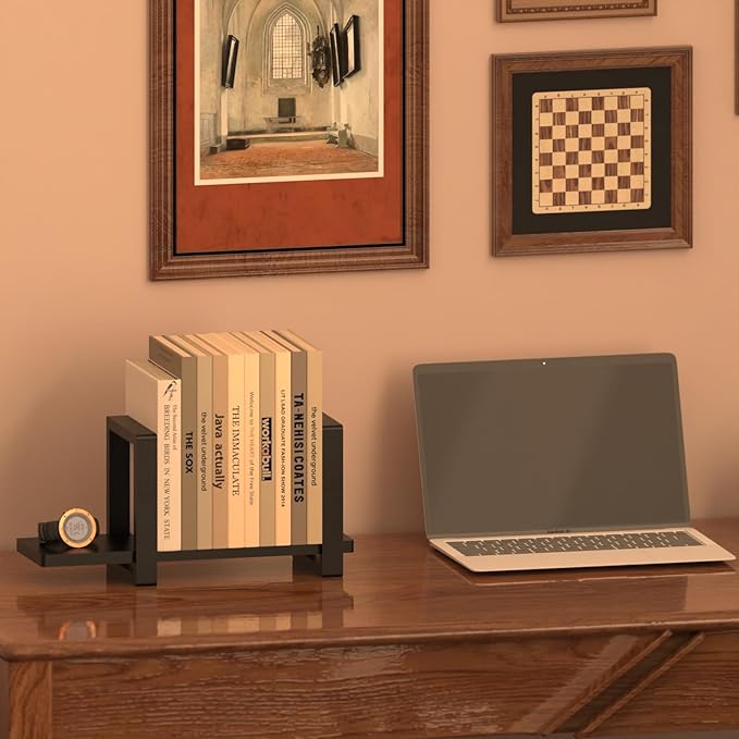 Adjustable Desktop Bookshelf, Retro Tabletop Bookshelf, Desk Shelf for Top of Desk in Living Room, Home, Office, Perfect for Magazine, Books, Cookbooks, No Tools Required to Assemble (Black)