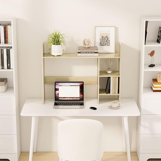 Desktop Bookshelf, 37.4’’ Wooden Desk Storage Hutch with 3 Shelves,4 Tier Multipurpose Display Shelf with Storage, Wooden Desk Shelf Organizer for Computer Desk, College Dorm, Office, Home