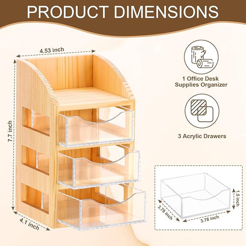3 Drawer Desktop Accessory Storage Drawers Clear Desktop Organizer with Drawers Small Desk Organizer with Drawer Paper Clip and Binder Holder Wood Acrylic Sticky Note Holder 4.53"L x 4.1"W x 7.7"H