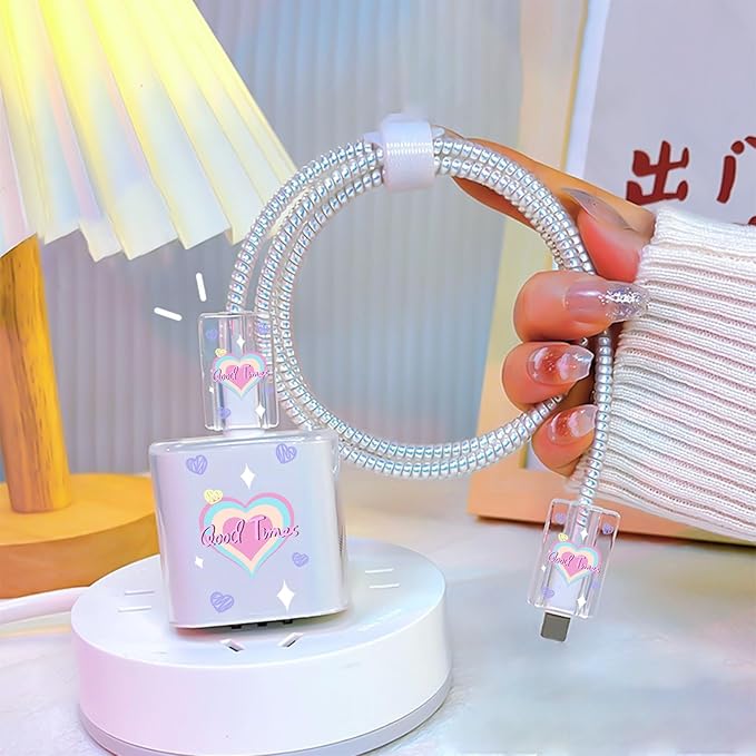 Cute DIY Cable Protector for iPhone 18W/20W Adapter Charger,Colorful Love Heart Design Transparent Data Line Cable Case, Phone Charging Protector for Apple Charger