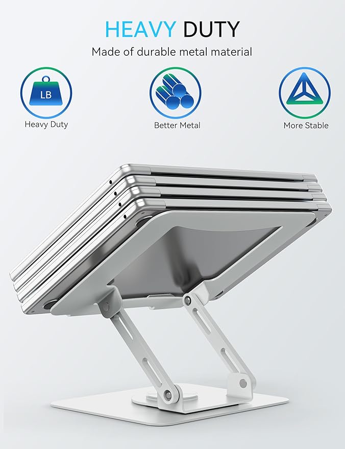 SOUNDANCE Laptop Stand with 360° Rotating Base, Ergonomic Computer Riser for Desk, Adjutable Height Muti-Angle, Foldable Laptop Mount, Stable Metal Holder Support 10-15.6" Notebook PC, White