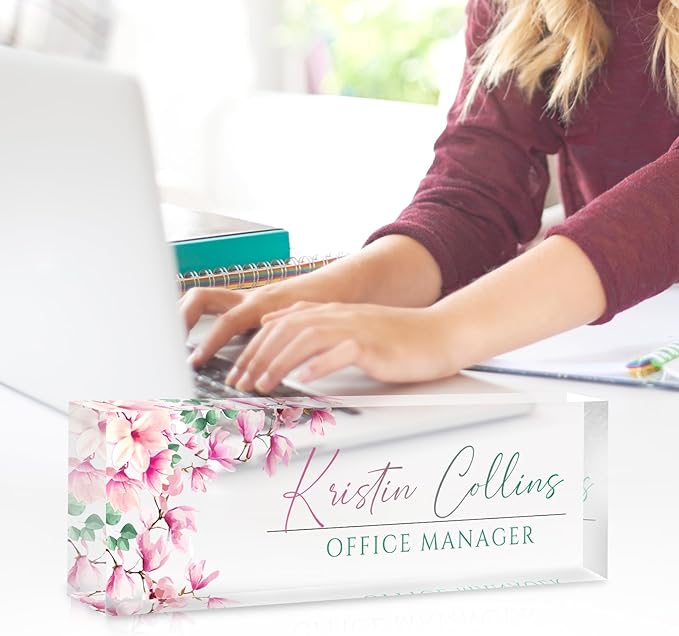 Custom Name Plate for Desk, Personalized Desk Name Plate on Clear Acrylic Glass, Appreciation Gifts for Teacher Employee Boss Coworkers Nurse, Office Desk Accessories for Women Men (Peach)