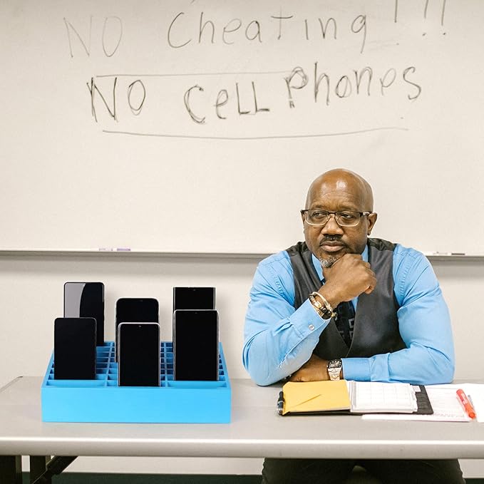 24-Grid Wooden Cell Phone Holder Desktop Organizer Storage Box for Classroom Office (Blue 24-Grid)