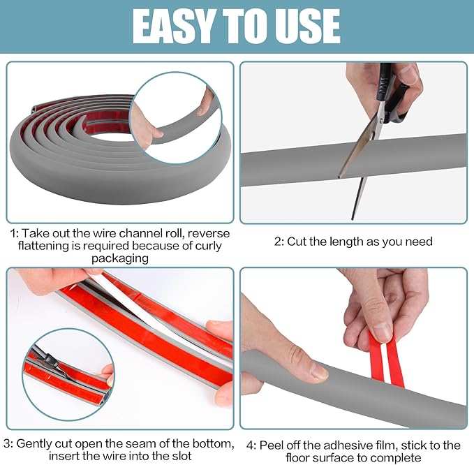 Floor Cord Cover Self Adhesive Cord Hider,3.3FT Cable Management, Extension Strip Protector for Wires, Prevent Cable Trips for Offices, Gyms, Exhibitions Cavity:0.3"(W) x 0.28"(H) Gray