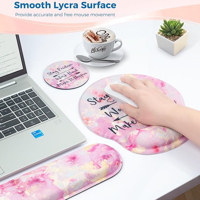 Mouse Pad and Keyboard Wrist Rest Support, with Non-Slip PU Base,Gel Mouse Pad with Coaster,Pain Relief for Gaming, Computer,Office -Pink Positive 2