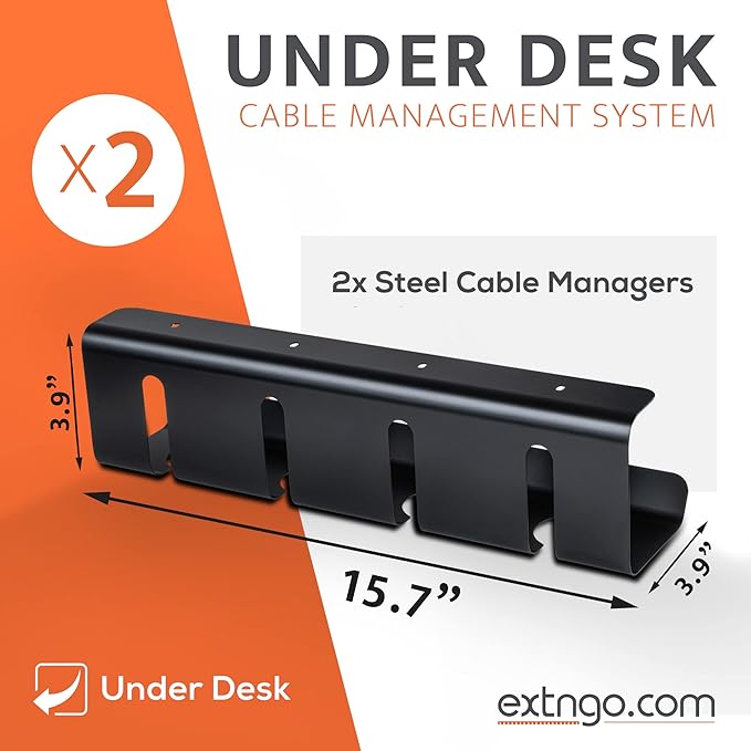 Under Desk Cable Management Tray [2 Pieces] - Carbon Steel Desk Wire Organizer [16x4x4 in] - No Drilling Wire Management Under Desk with Glue Dots - Elegant Underdesk Tray