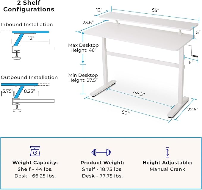 Stand Steady Tranzendesk 55 Inch Standing Desk with Clamp-On Shelf | Crank Height Adjustable Stand Up Workstation with Attachable Monitor Riser | Extra Large Sit Stand Desk Hold 3 Monitors (White)