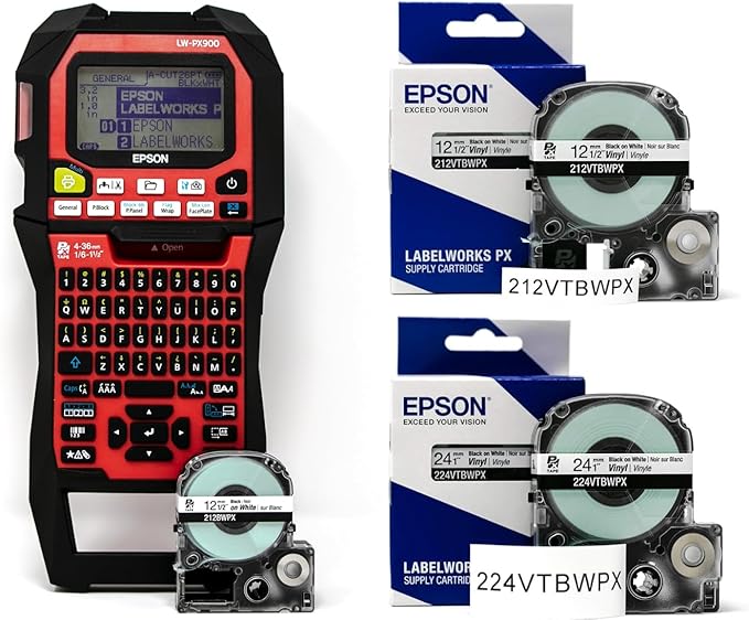 LABELWORKS Epson LW-PX900 Industrial Label Maker and Black on White Vinyl Tape Bundle
