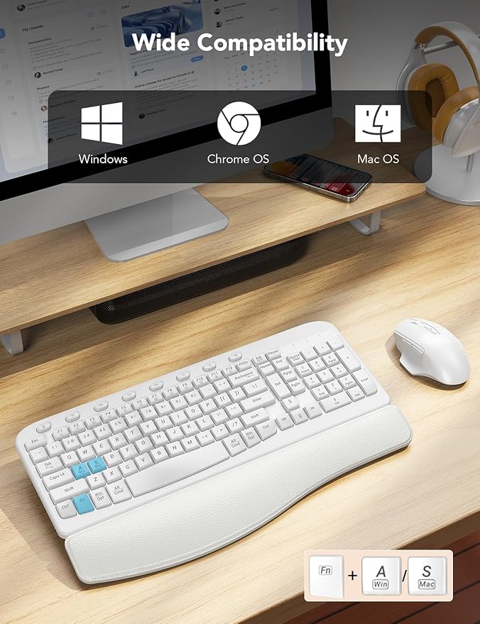 SABLUTE Wireless Keyboard and Mouse Combo, Ergonomic Wave Keys, Cushioned Plam Rest, Comfortable Silent Natural Typing, 2.4G Lag-Free, Full Size Keyboards Cordless Set for Multi-OS, Windows/Mac, White