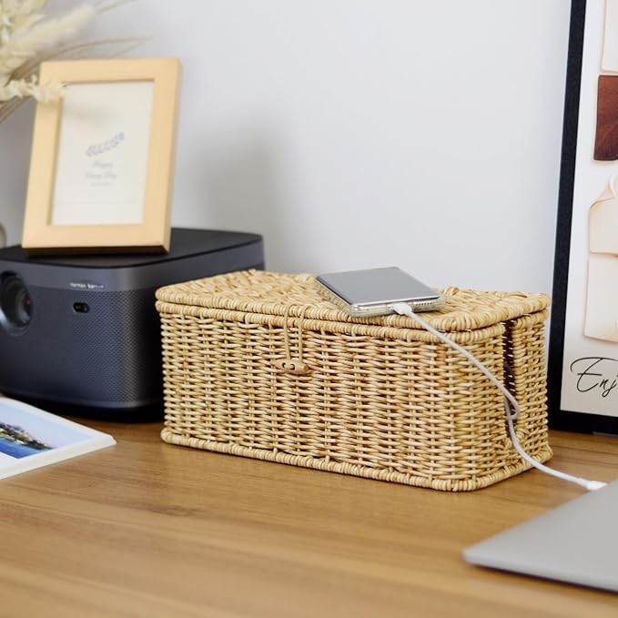 BROWNLILY Cable Management Box, Rattan Style Cord Organizer for Desk Cord Hider Outlet Covers Baby Proofing for Power Strip TV PC Router Charger Under Desk Storage - Natural Small