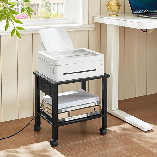 2 Tier Under Desk Printer Stand with Storage, Small Printer Table with Charging Station, Rolling Printer Cart Shelf with Lockable Wheels for Home, Office (Black)