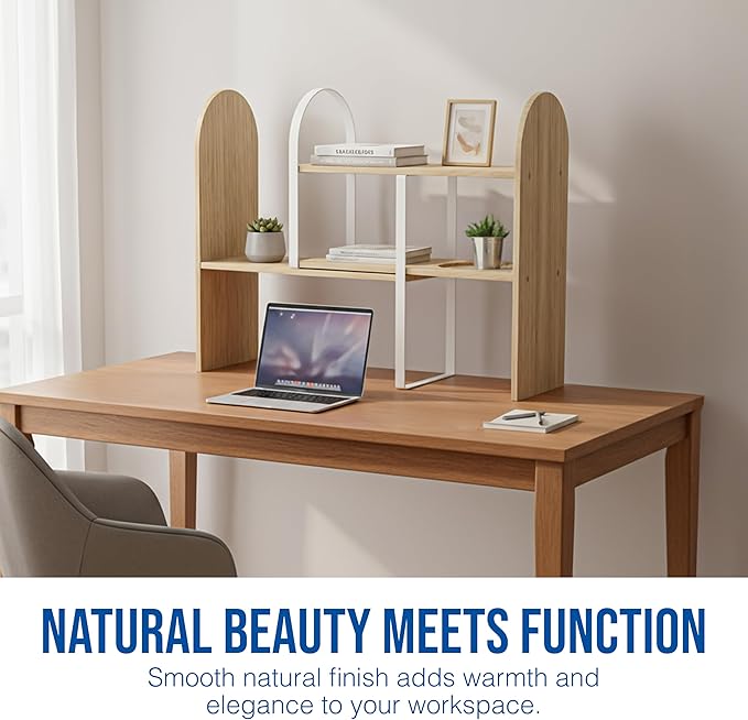 Maplefield Desk Hutch Expandable Shelf Organizer, Natural Finish, Engineered Wood Desktop Storage Rack for Office, Dorm, or Home – Adjustable Over Desk Bookshelf for Supplies, Decor & Accessories